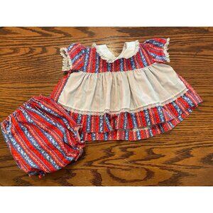 Vtg Sears Baby Girl  Dress & Matching Diaper Cover 6-9 Months Lace Trim Red Blue